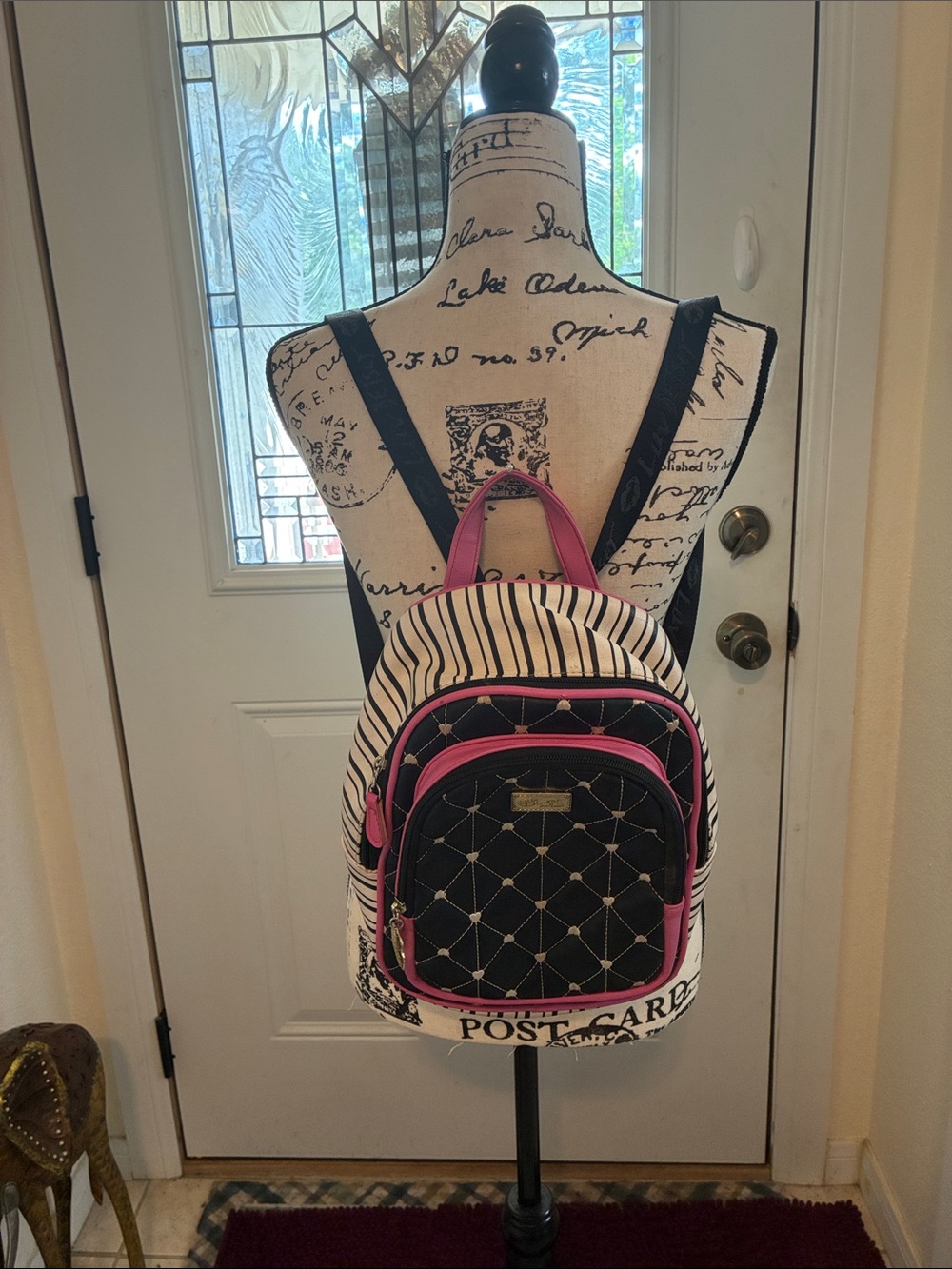 Betsey Johnson Black, White and Pink Striped Quilted Mini Backpack
